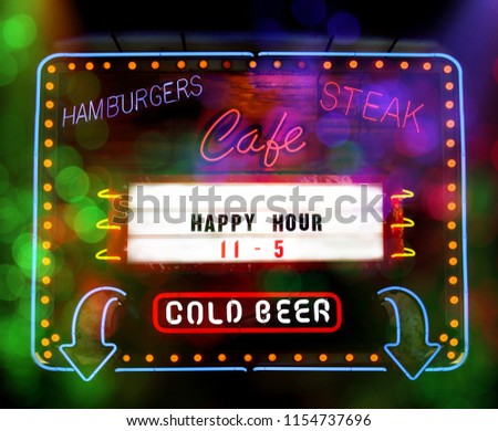 Photo Composite, Neon Sign With Happy Hour, Cold Beer and Cafe