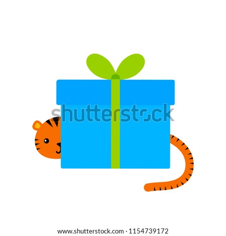 a gift with a hiding tiger; tiger's face and tail; vector icon,  graphic symbol isolated on white.