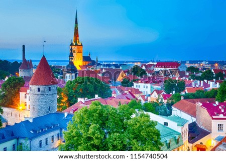 Ancient City of Tallinn Center. Picture Made from Toompea Hill During Blue Hour. Horizontal Image Orientation