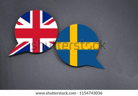 United Kingdom and Sweden flags with two speech bubbles on dark gray background