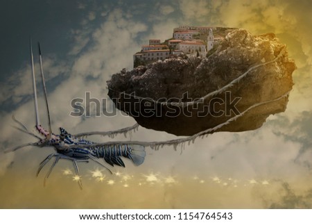 Fantasy background.Lobster and fantasy town on big rock.