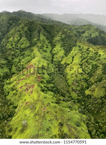 Aerial view of hills and valley in a foggy day, Kauai, Hawaii