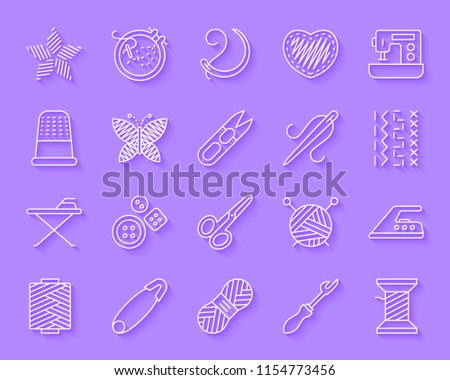 Needlework paper cut line icons set. 3D sign kit of embroidery. Handiwork linear pictogram collection of wool iron steamer, scissors. Simple needlework vector carved icon shape. Material design symbol