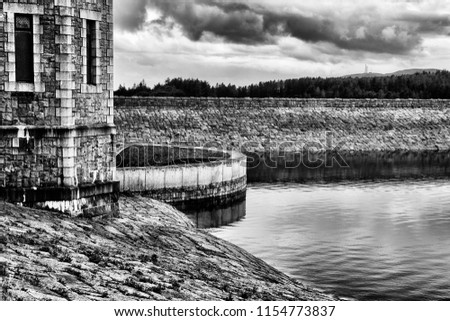 Silent Valley Reservoir in the Mountains of Mourne County Down Northern Ireland. Black and white photo in the dynamic range