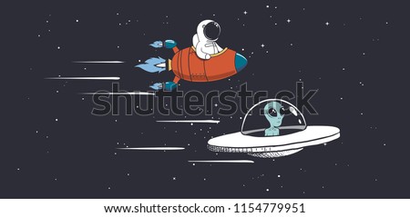 Alien and astronaut are engaged in races in outer space.Vector illustration Royalty-Free Stock Photo #1154779951