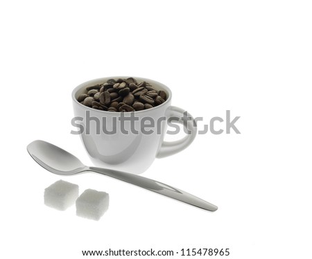 coffee beans with spoon and sugar on isolated white background with happy reflexion and lighted by below