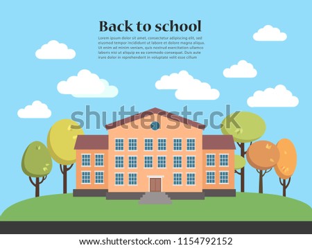 Vector illustration of school building with landscape. Back to school template. 