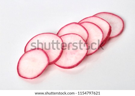 Fresh red radish slices on white background