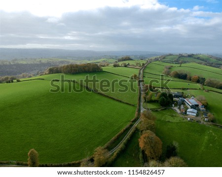 Aerial view of beautiful valley in mid Wales. Green landscape with small valley. Aerial drone view of rural Wales