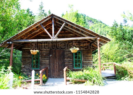 a picture of a log cabin in the woods