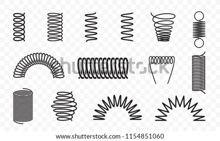 Spiral springs different shapes and types vector icons of swirl line or curved wire cords, shock absorbers or equipment parts on transparent background Royalty-Free Stock Photo #1154851060