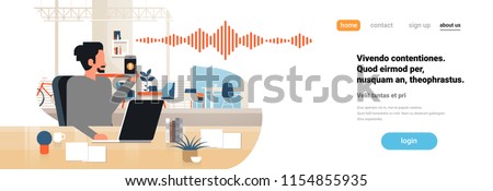 man hold phone intelligent voice personal assistant recognition sound waves technology concept office interior background artificial intelligence horizontal banner copy space flat vector illustration