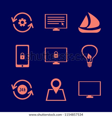 global vector icons set. with recycle hours, mobile security, monitor and location in set