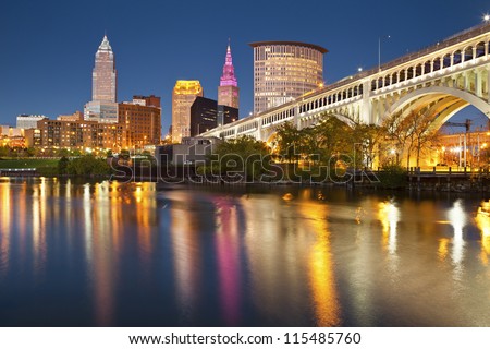 Cleveland. Image of Cleveland downtown at twilight blue hour.