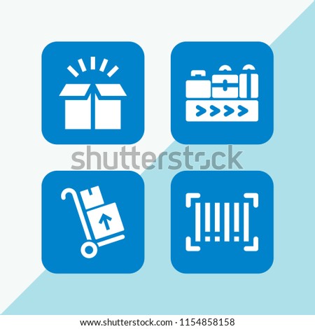 parcel icon. 4 parcel set with delivery packages on a trolley, barcode, conveyor belt and box vector icons for web and mobile app
