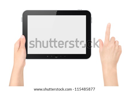 Hand holding tablet pc with touching hand. High quality and very detailed realistic illustration of android tablet pc. Add clipping path for touching hand. Isolated on white.