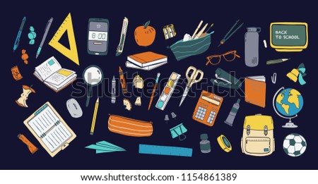 Collection of school stationery and tools for learning, studies, education isolated on dark background. Colorful hand drawn vector illustration in realistic style for Knowledge day or 1 September