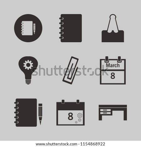 note vector icons set. with notebook pencil, march calendar, desk and paper clip in set