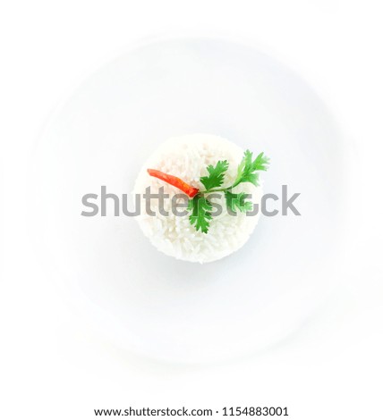 Stream rice in white plate on white background.