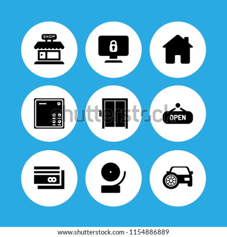 entrance icon. 9 entrance set with house, elevator, shop store frontal building and lock vector icons for web and mobile app