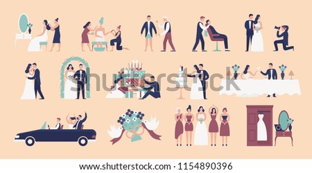 Collection of bride and groom preparing for wedding ceremony. Set of preparations for marriage celebration day isolated on light background. Colorful vector illustration in flat cartoon style. Royalty-Free Stock Photo #1154890396