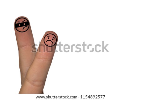 Finger art. Concept of group of people with different personalities over white background. Creative conceptual image of finger art, robbery scene.
