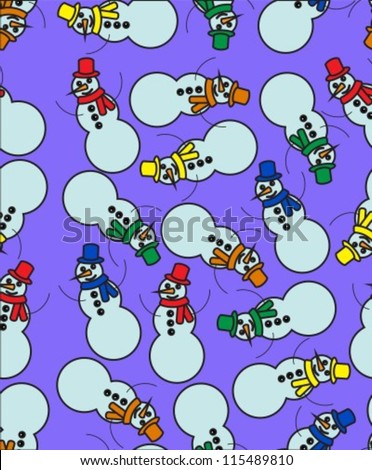 seamless background with snowmen dressed in scarves and hats of different colors