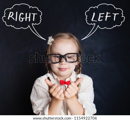 Little child and right and left hands. Funny girl on speech clouds chalk drawing on blackboard background