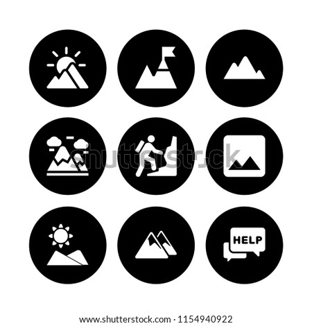 peak icon. 9 peak set with mountain, help, mountain range on black background and mountain summit vector icons for web and mobile app Royalty-Free Stock Photo #1154940922