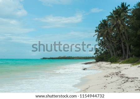 Turquoise waves of the Indian ocean run on the white beach of the island of Zanzibar.