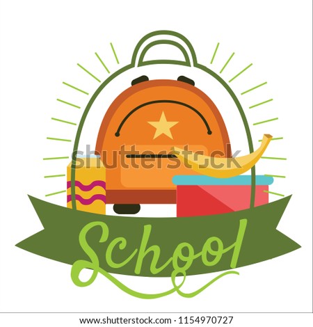 School lunchtime poster Schoolbag lunchbox banana Schoolbag lunchbox banana on it and can of beverage symbols for brunch vector illustration.