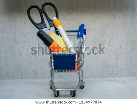 shopping cart banner blank advertisement full of school accessories scissors pen paper
