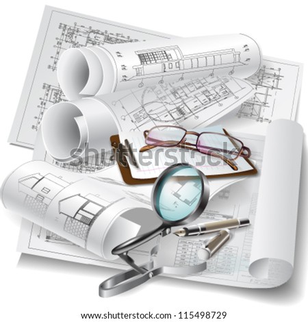 Architectural background with drawing tools and rolls of drawings. Vector clip-art