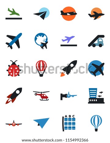 Color and black flat icon set - plane vector, departure, arrival, ladder car, boarding, helicopter, seat map, globe, airport building, lady bug, rocket, paper, air balloon