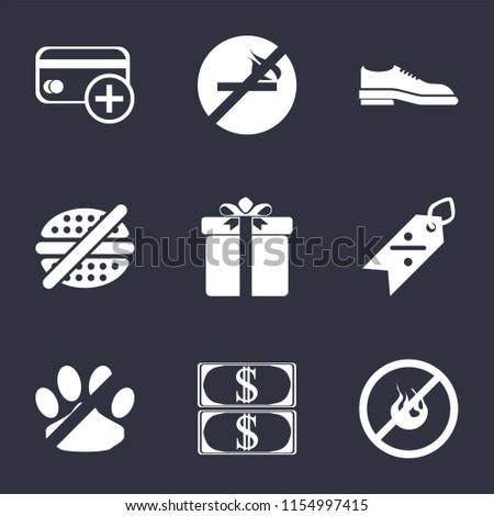 Set Of 9 simple icons such as No fire, Money, pets, Discount, Gift, fast food, Shoes, smoking, Cit card, can be used for mobile, pixel perfect vector icon pack on black background