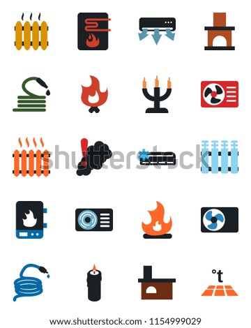 Color and black flat icon set - fire vector, hose, fireplace, heater, air conditioner, candle, water, smoke detector, radiator, warm floor