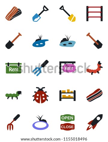 Color and black flat icon set - job vector, garden fork, shovel, lady bug, caterpillar, pond, rack, rent, bacon, open close, rocket