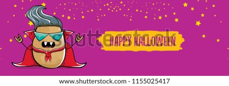 vector funny cartoon cute dracula potato with fangs and red cape isolated on violet background. happy halloween horizontal banner background . vampire monster vegetable funky character