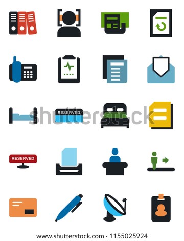 Color and black flat icon set - escalator vector, reception, pen, document, reload, pulse clipboard, office phone, satellite antenna, mail, face id, news, paper binder, tray, bedroom, reserved