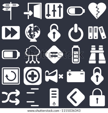 Set Of 25 icons such as Locked, Back, Server, Lines, Shuffle, Archive, Battery, Mute, Restart, Fast forward, Controls, Exit on black background, web UI editable icon pack