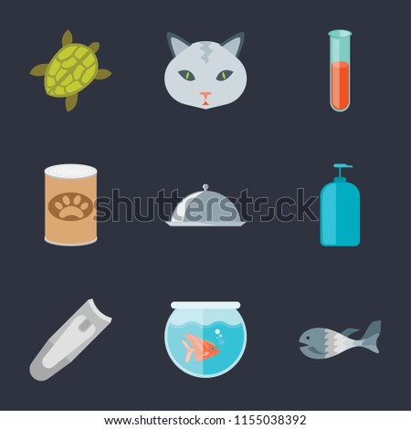 Set Of 9 simple icons such as Fish, Fishbowl, Nail clippers, Shampoo, Food, Pet food, Test tube, Cat, Turtle, can be used for mobile, pixel perfect vector icon pack on black background