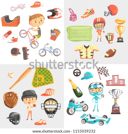 Sport for kids including baseball, american football, bmx cycling, car racing, boys in sports uniforms with equipment vector Illustrations on a white background