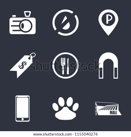 Set Of 9 simple icons such as Mall, Pet, Smarthphone, Magnet, Restaurant, Price, Parking, No water, Camera, can be used for mobile, pixel perfect vector icon pack on black background