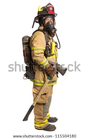 Firefighter holding mask and airpack fully protective suit holding ax on isolated white background