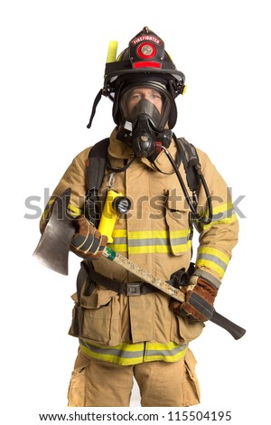 Firefighter holding mask and airpack fully protective suit holding ax on isolated white background