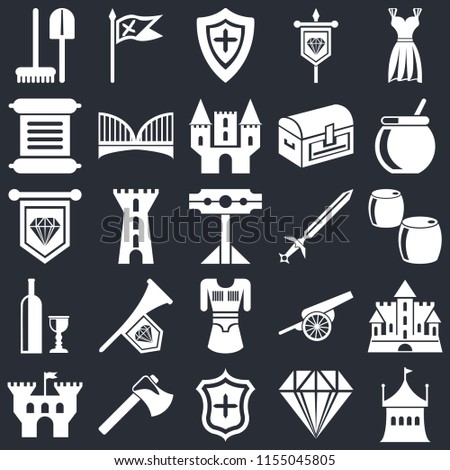 Set Of 25 icons such as Tent, Jewelry, Shield, Axe, Castle, Cauldron, Sword, Tunic, Wine, Scroll, Flag on black background, web UI editable icon pack