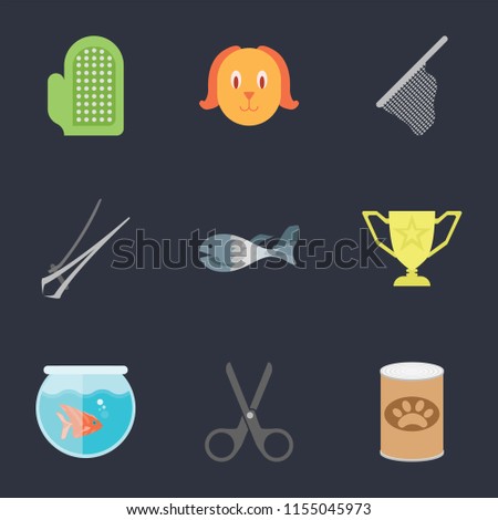 Set Of 9 simple icons such as Pet food, Scissors, Fishbowl, Trophy, Fish, Nail trimmer, Net, Dog, Glove, can be used for mobile, pixel perfect vector icon pack on black background