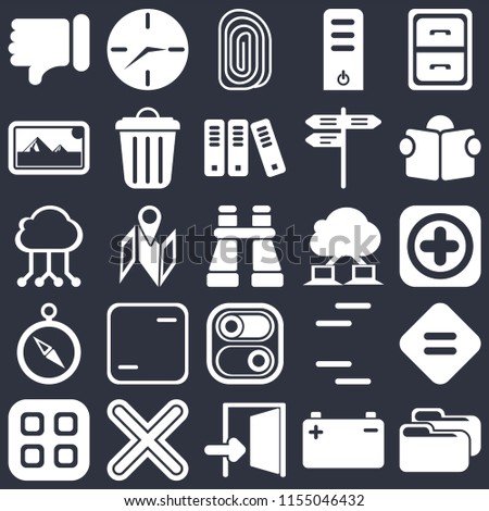 Set Of 25 icons such as Folder, Battery, Exit, Multiply, Menu, Reading, Cloud computing, Switch, Compass, Photos, Fingerprint, Clock on black background, web UI editable icon pack