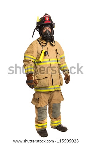 Firefighter with mask and fully protective suit on isolated white background