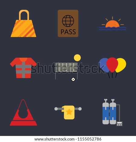Set Of 9 simple icons such as Oxygen tank, Towel, Purse, Balloon, Beach volleyball, Lifejacket, Sunset, Passport, Bag, can be used for mobile, pixel perfect vector icon pack on black background